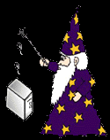 Cyber Wizard analysing computer with magic wand.